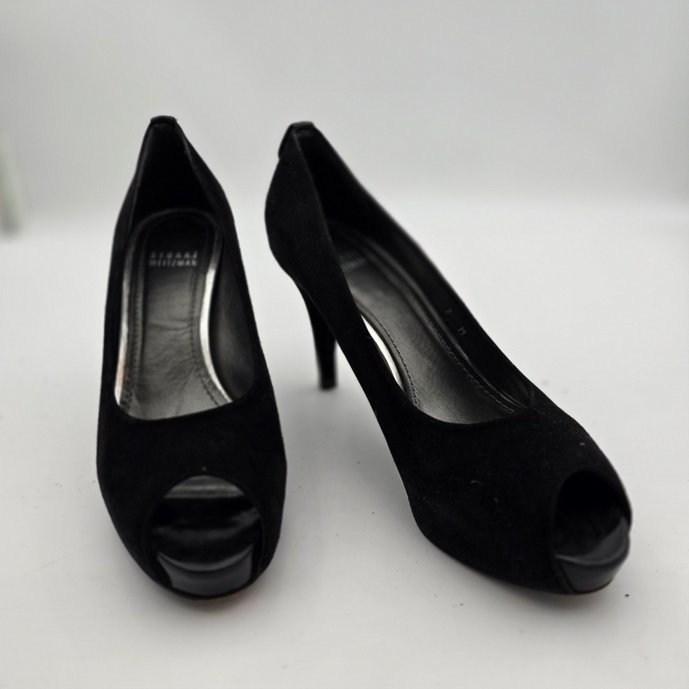 Stuart Weitzman Womens 7 Black Suede Peep Toe Heels Pumps Classic Party Career